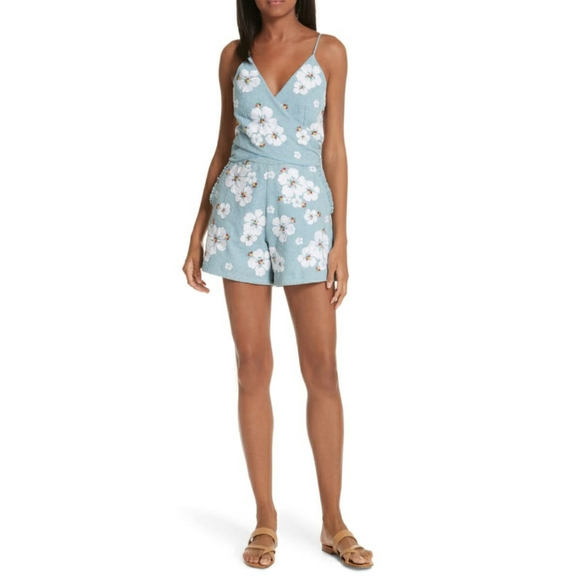 All Things Mochi Gala Floral Embroidered Blue Romper